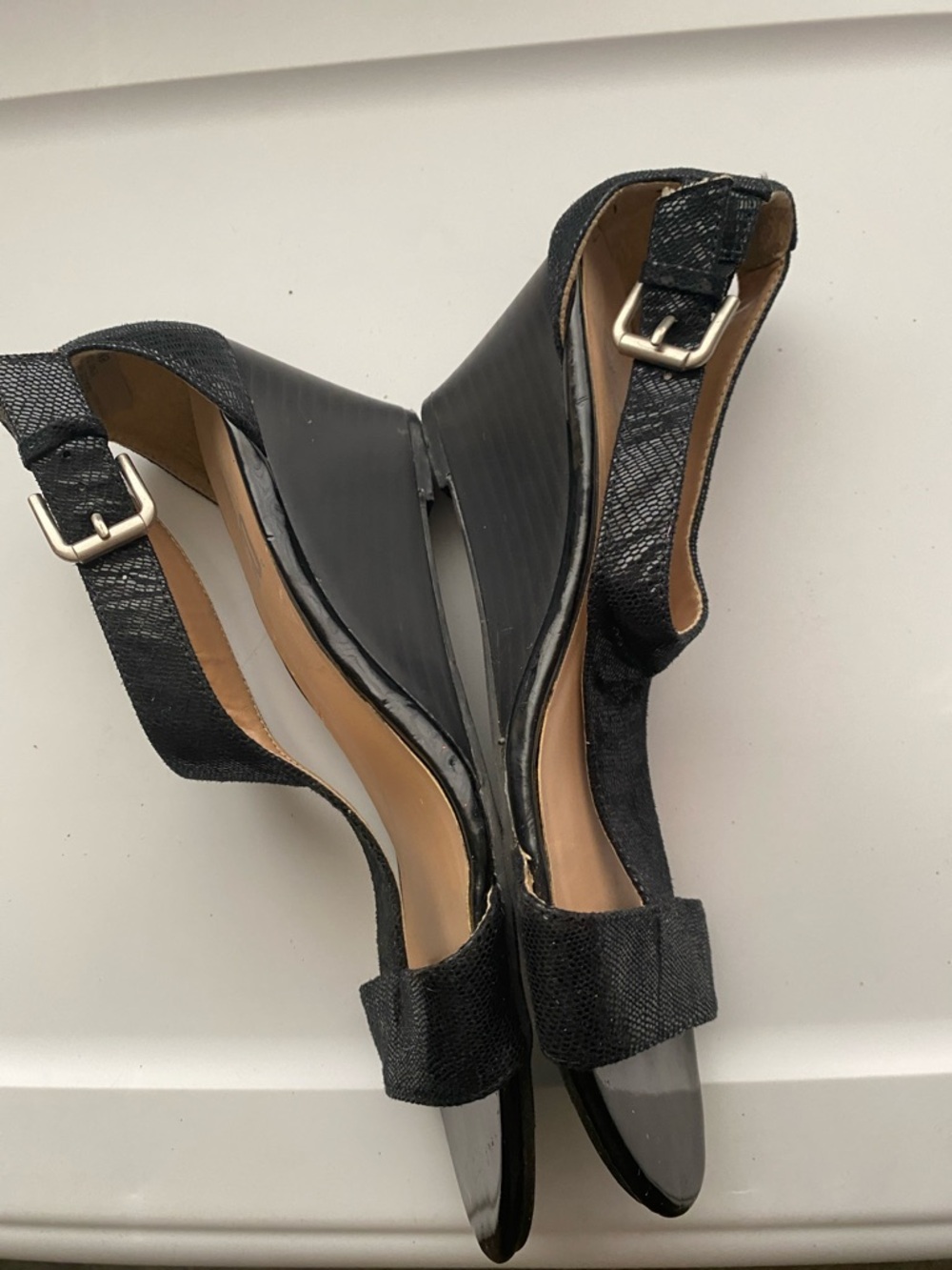 Black T-Strap Mid Heel Sandals with Ankle Buckle